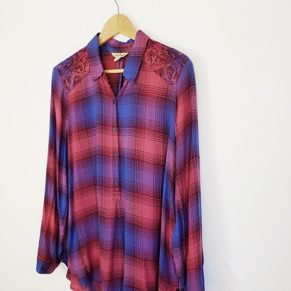 Lucky Brand Sequin Embroidered Shoulder Flannel Lg - Picture 9 of 10